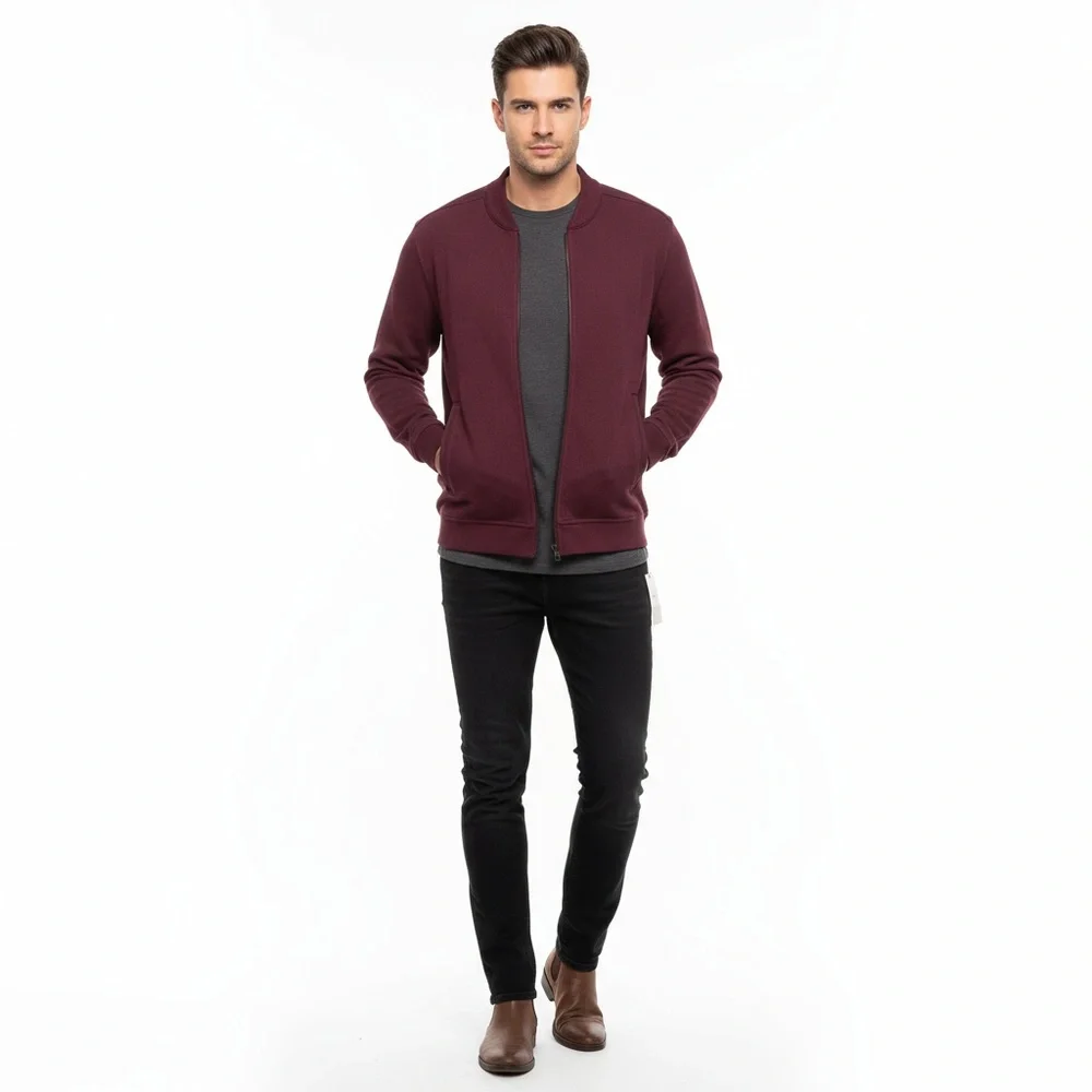 Tasso Elba Maroon Knit Full Zip Stand Up Collar Ribbed Jacket Size XL